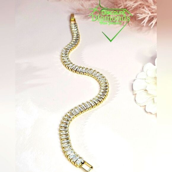 White Rectangular 8 mm Topaz Tennis Bracelet 14K Gold - Picture 5 of 10